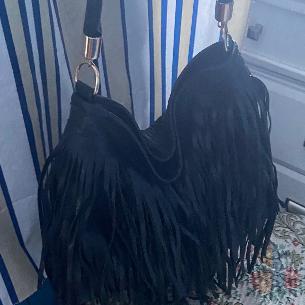 Black Fringe Shoulder Bag with Gold Accents